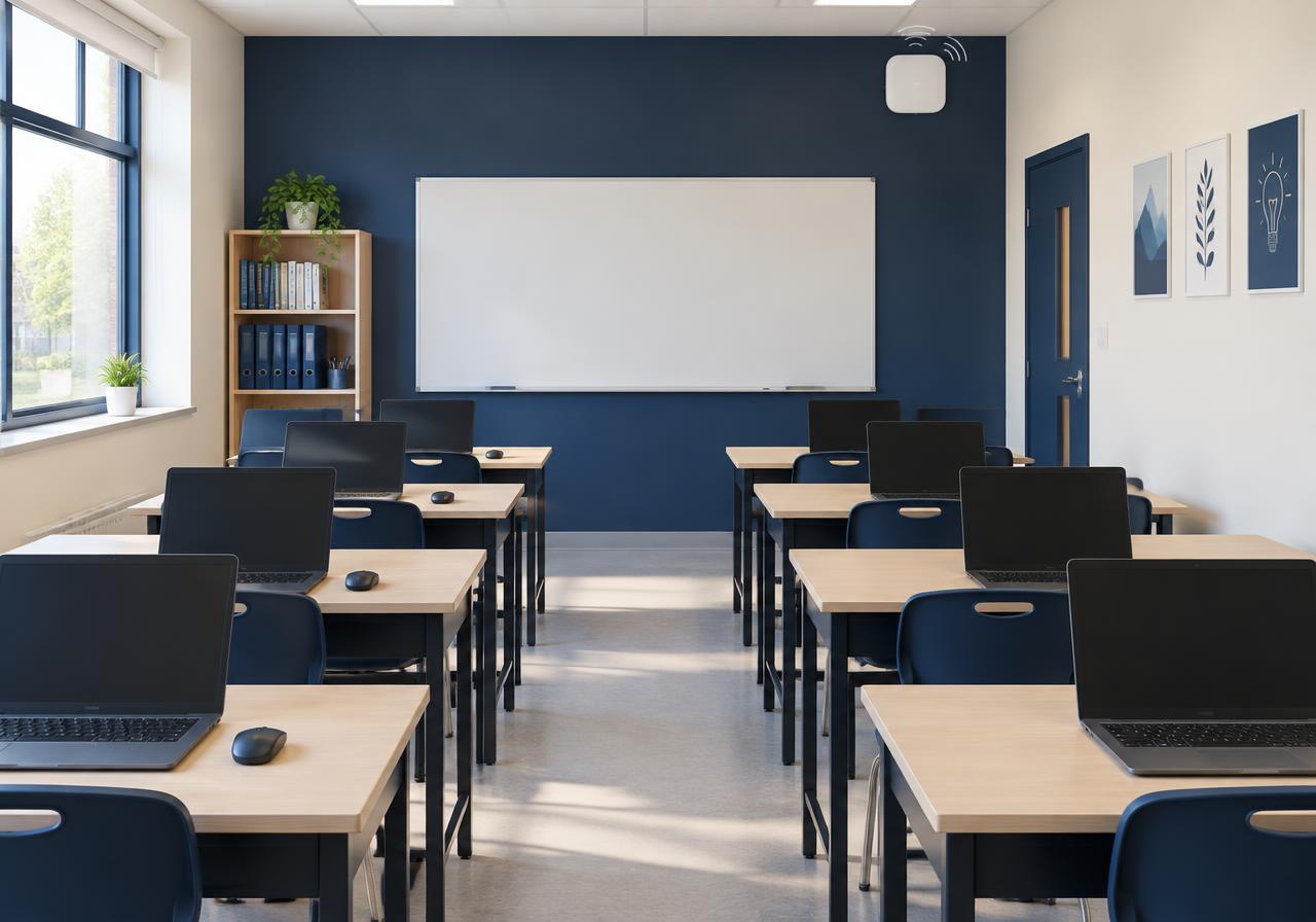 A tidy classroom with laptops on desks and a Wi-Fi access point